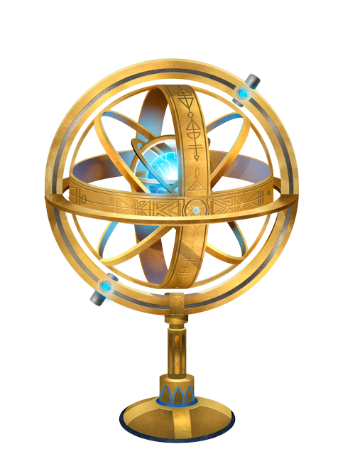 Illustrated metallic sphere on a pedestal with energy source in the center and rings surrounding it